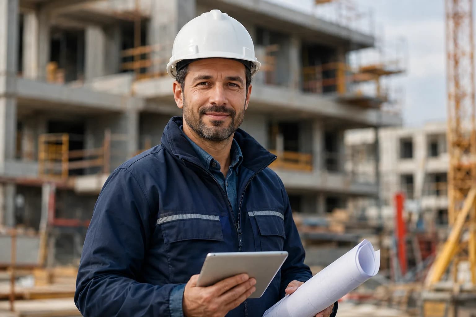 Ein Bauleiter mit weissem Helm steht mit Tablet und Bauplan vor einem Rohbau.