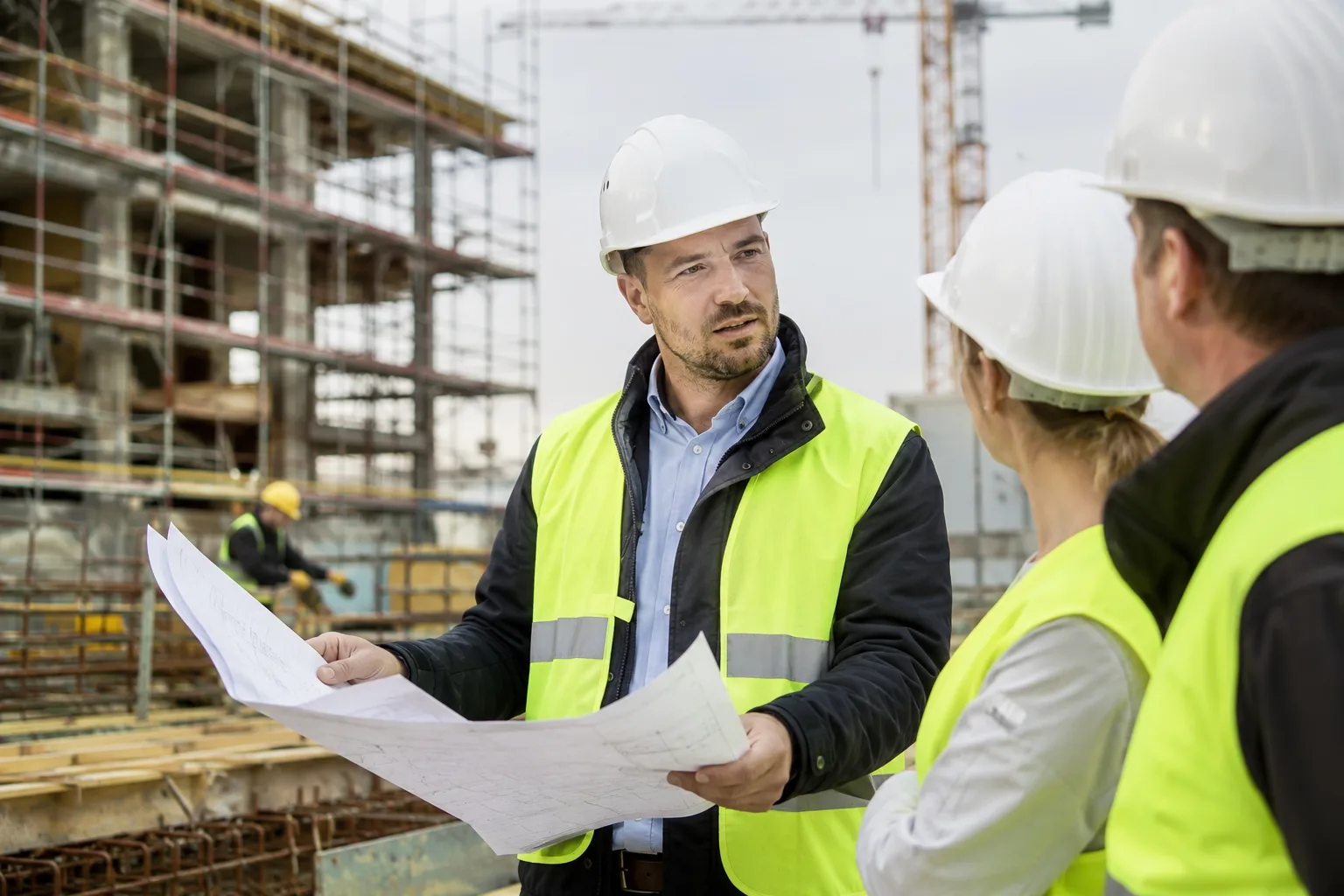 Ein Bauleiter mit Warnweste und Helm bespricht auf einer Baustelle einen Bauplan mit zwei Kolleginnen und Kollegen.
