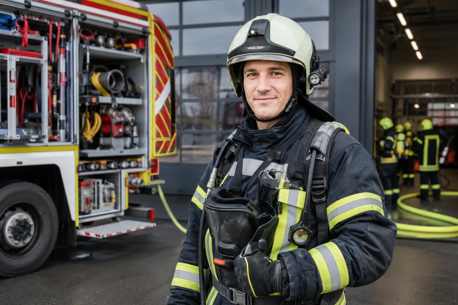 Ein Feuerwehrmann in voller Schutzausrüstung steht vor einem Löschfahrzeug in der Fahrzeughalle der Wache.