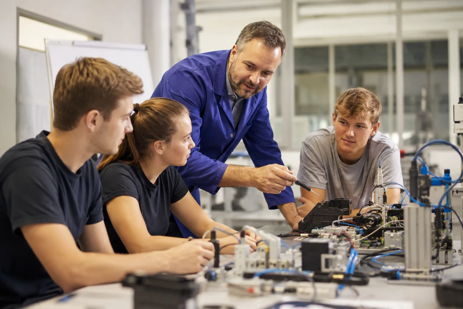 Ein Lehrer erklärt vier Jugendlichen im Technikraum den Aufbau einer elektronischen Schaltung.