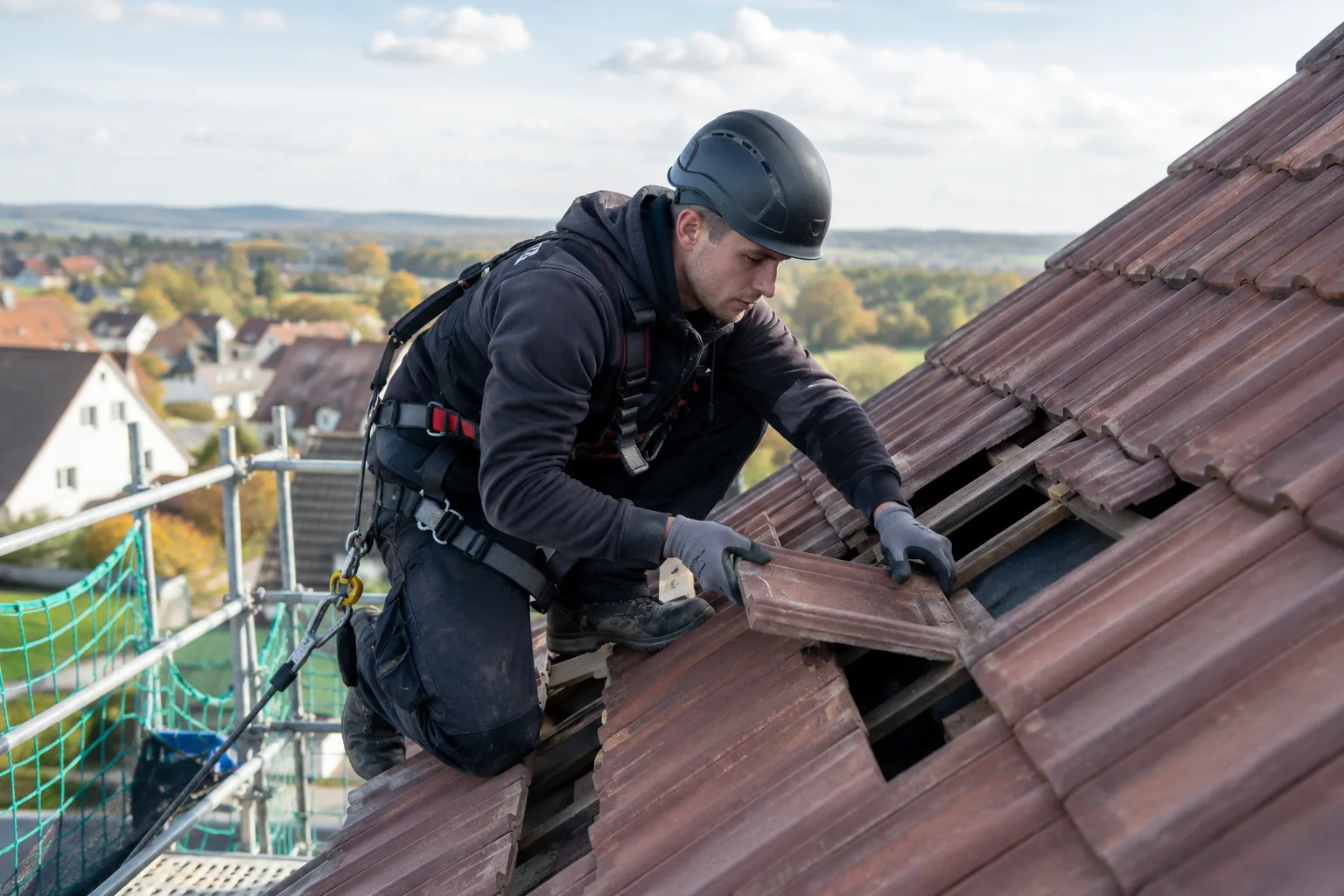 Ein Dachdecker mit Helm und Sicherungsgurt setzt auf einem Steildach neue Ziegel ein.