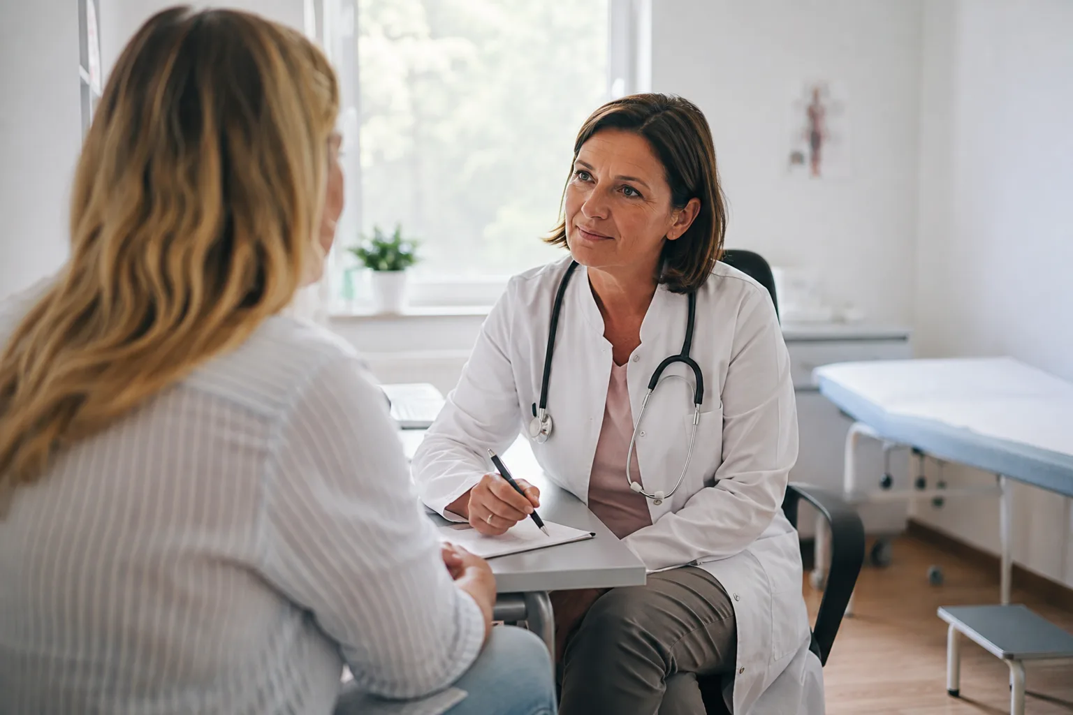 Eine Ärztin im weißen Kittel spricht in ihrer Praxis mit einer Patientin und macht Notizen.