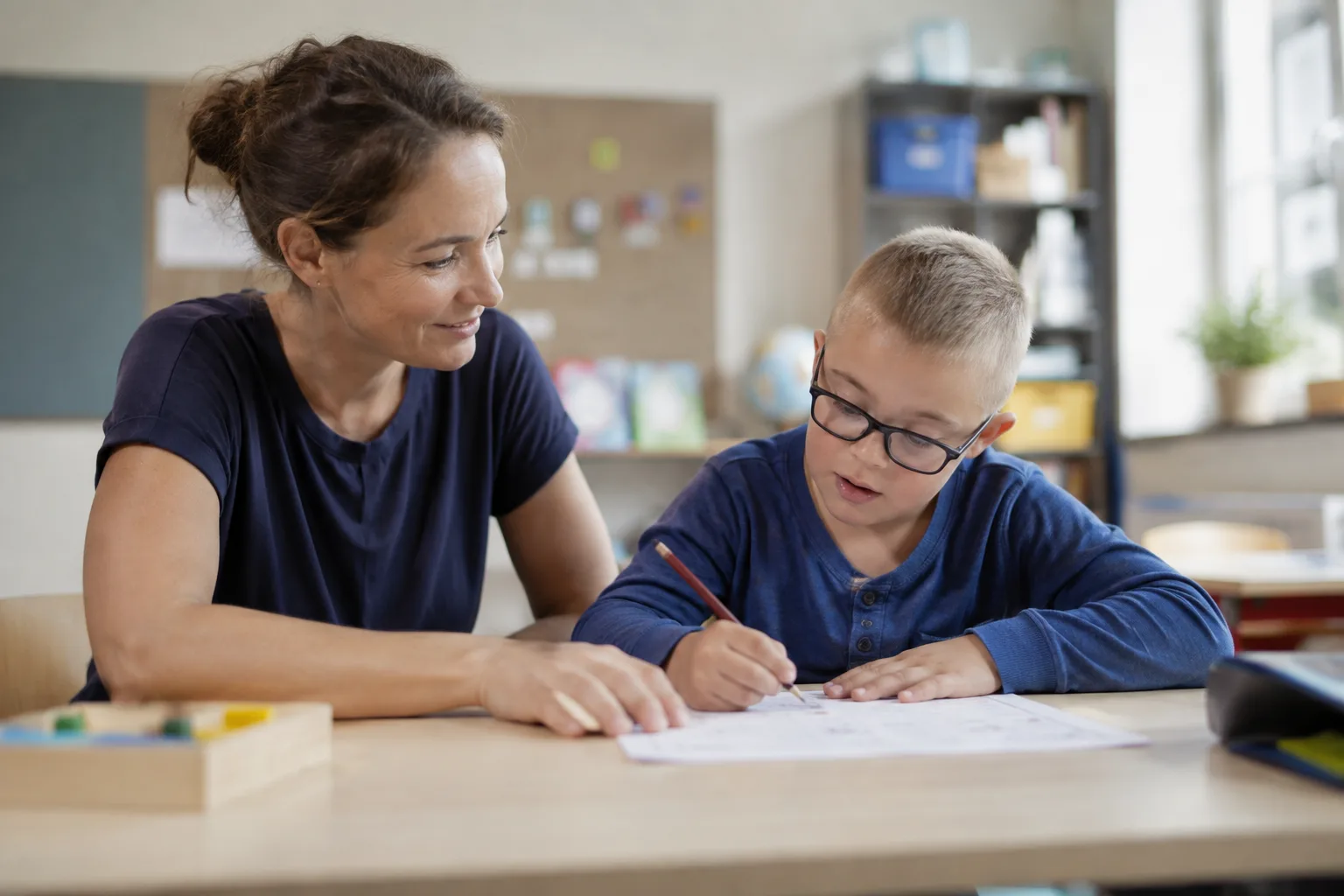 Eine Lehrerin sitzt neben einem Jungen an seinem Platz und begleitet ihn beim Schreiben.