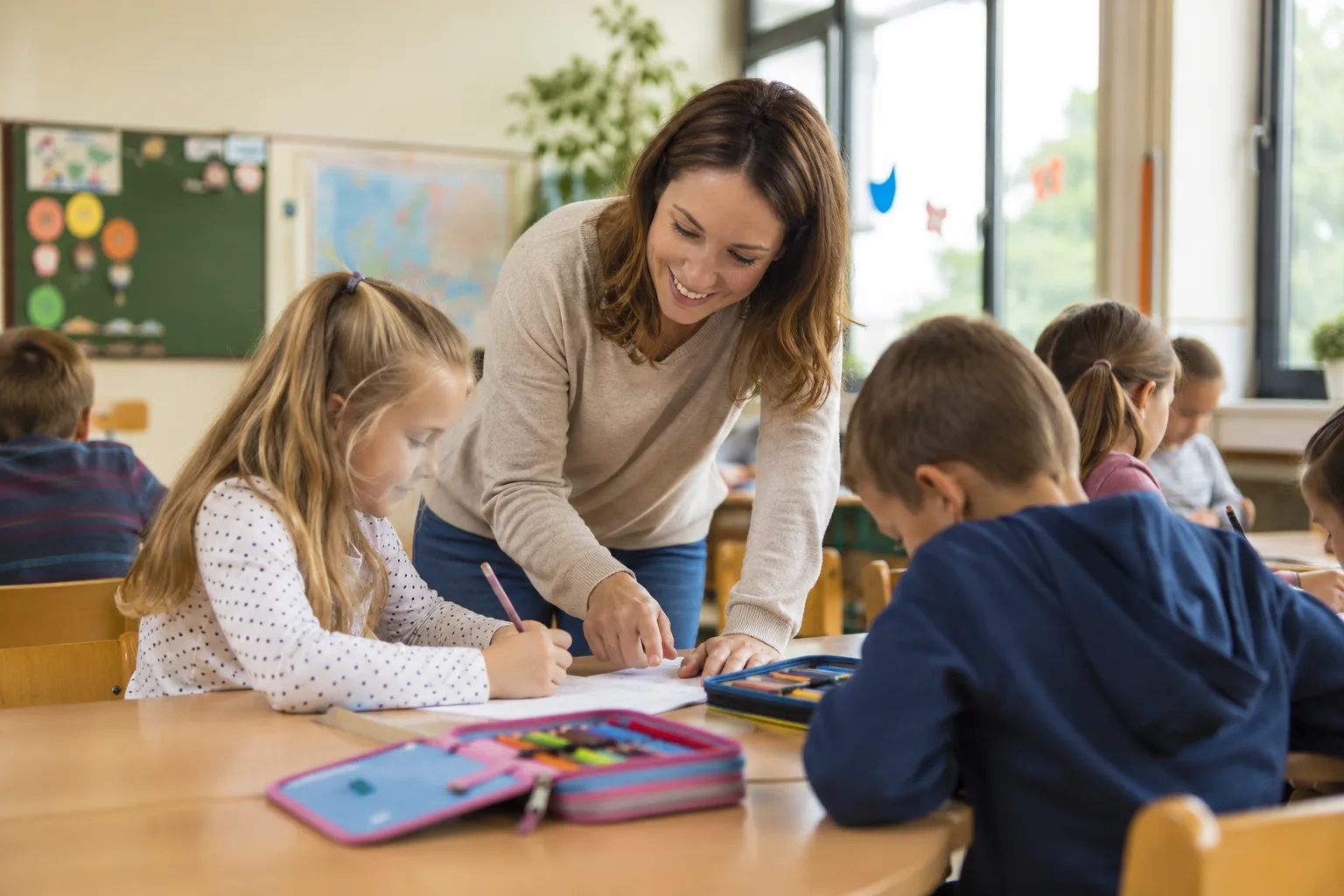 Eine Lehrerin beugt sich im Klassenzimmer zu einer Schülerin und hilft ihr bei einer Aufgabe.