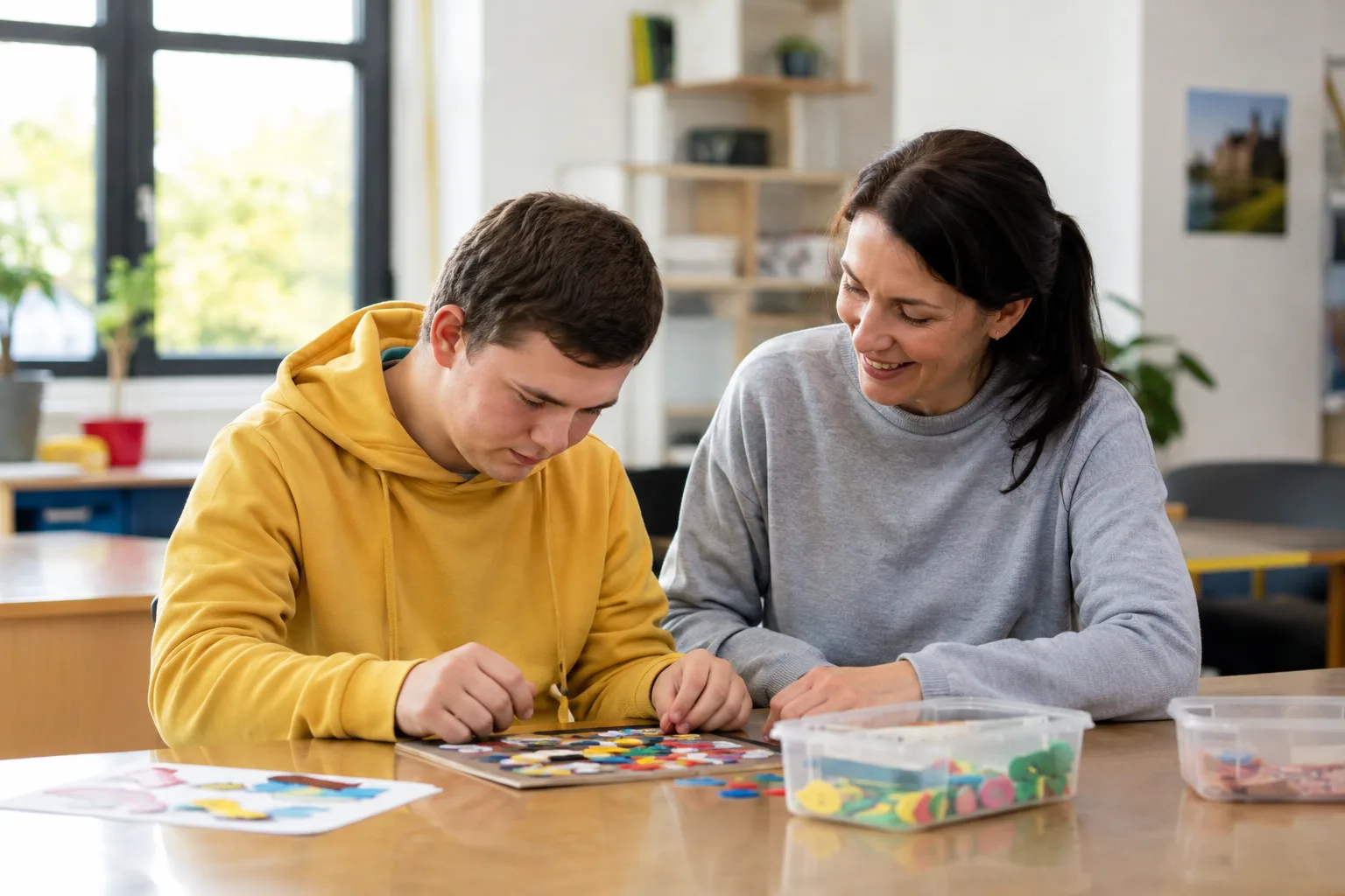 Eine Heilerziehungspflegerin sitzt neben einem jungen Mann, der am Tisch mit bunten Bausteinen arbeitet.
