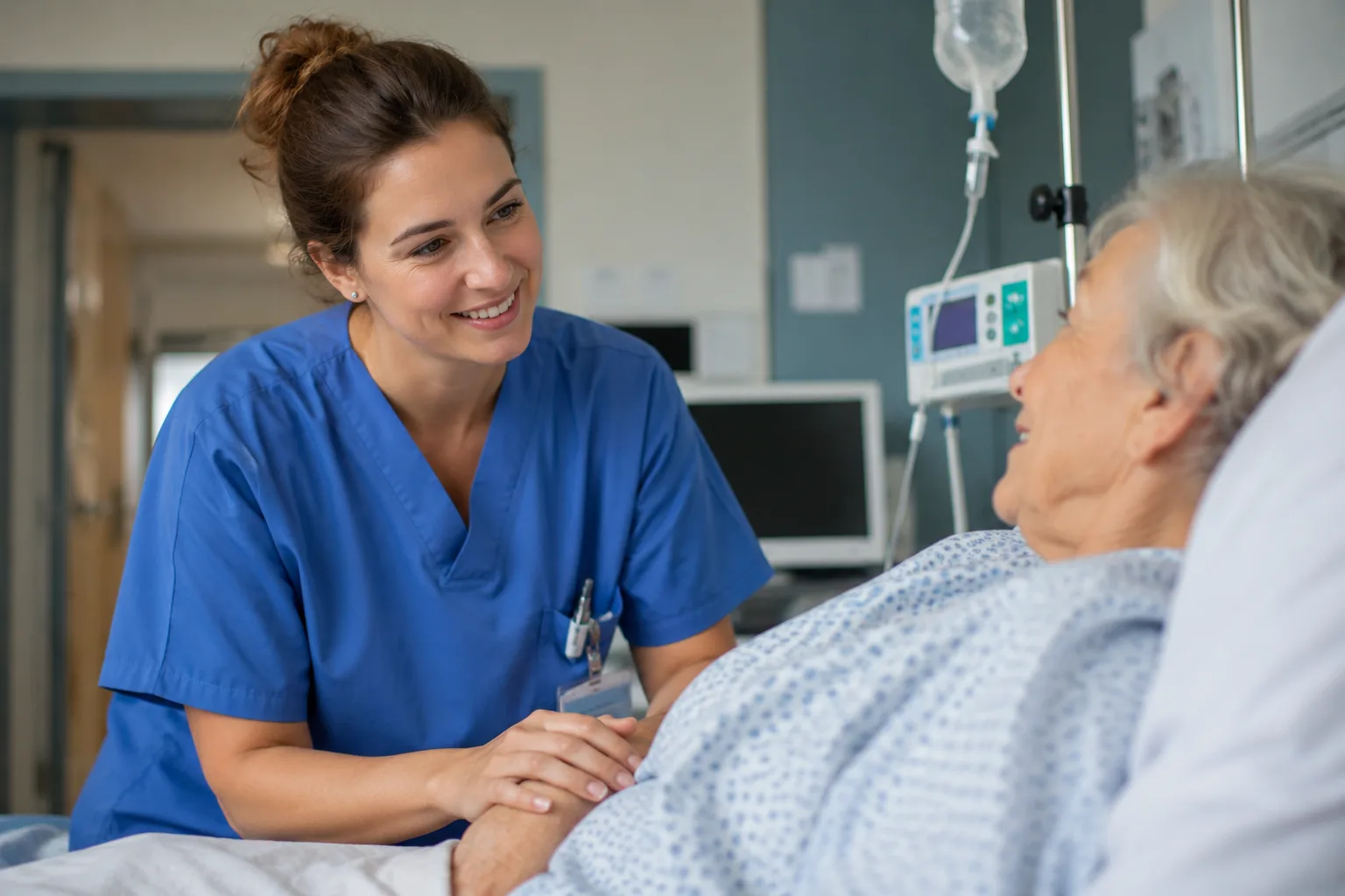 Eine Pflegefachfrau steht am Bett einer älteren Patientin und hält im Gespräch ihre Hand.