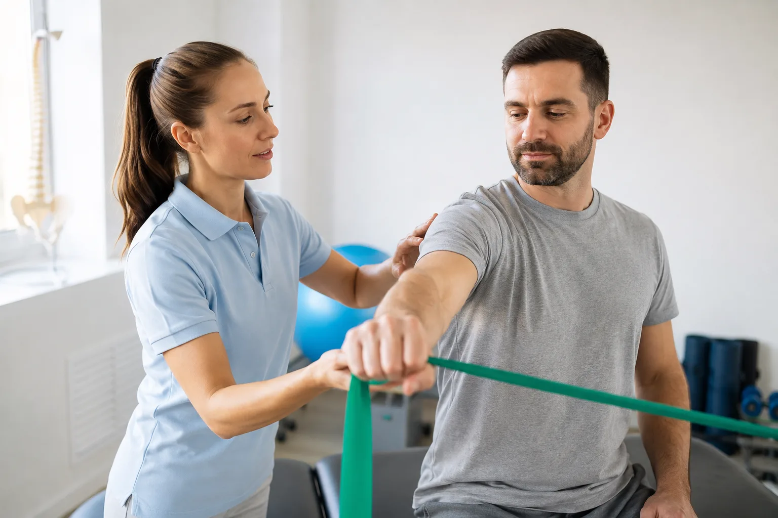 Eine Physiotherapeutin führt den Arm eines Mannes bei einer Übung mit einem Gymnastikband.