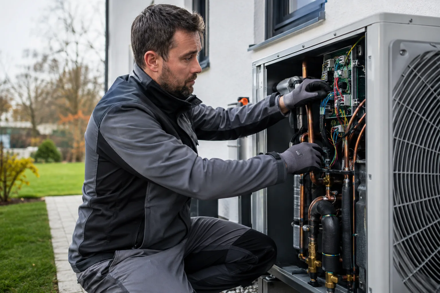 Ein Techniker arbeitet an der geöffneten Außeneinheit einer Wärmepumpe an einer Hauswand.