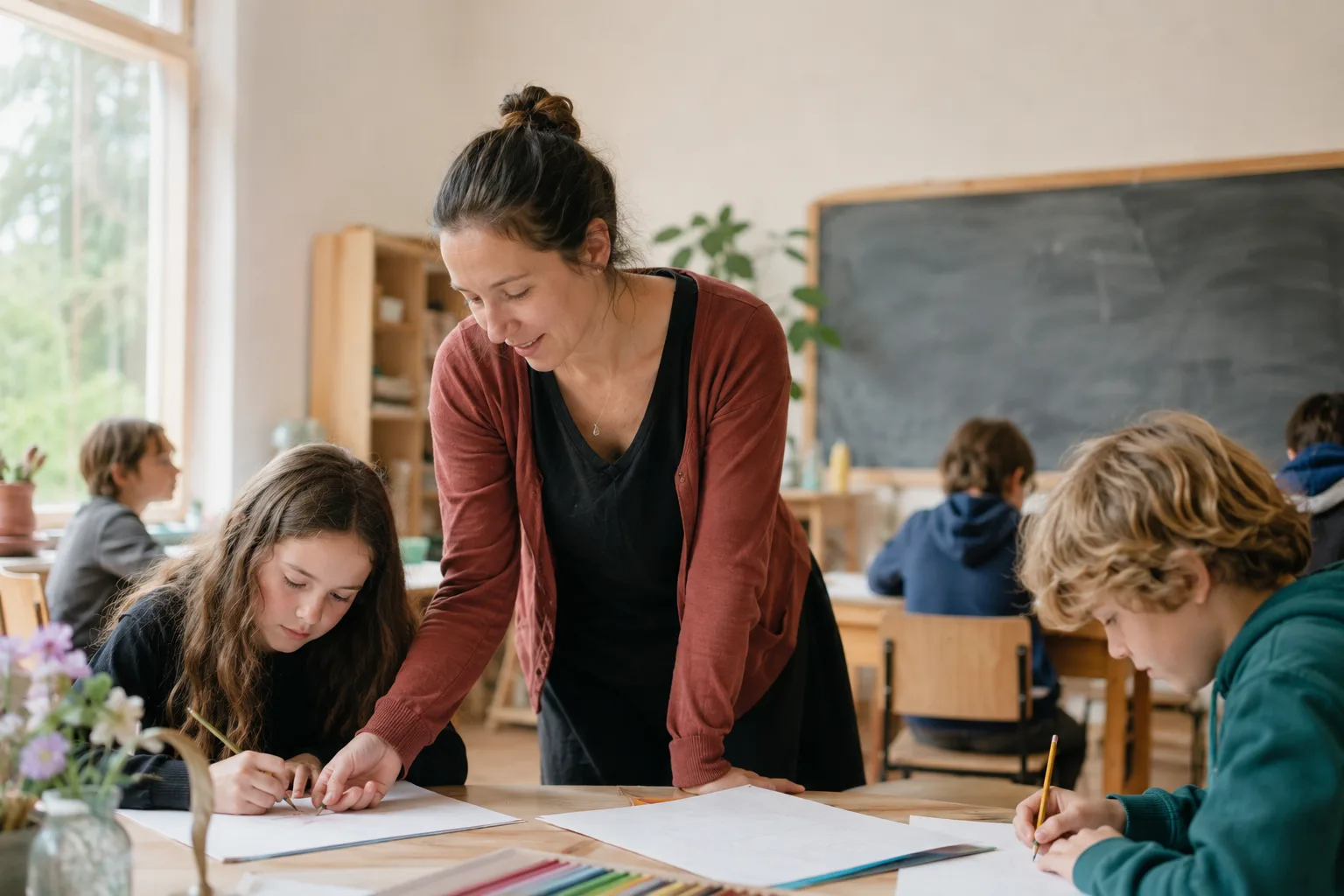 Eine Lehrerin begleitet in einem hellen Klassenzimmer zwei Kinder beim Zeichnen.